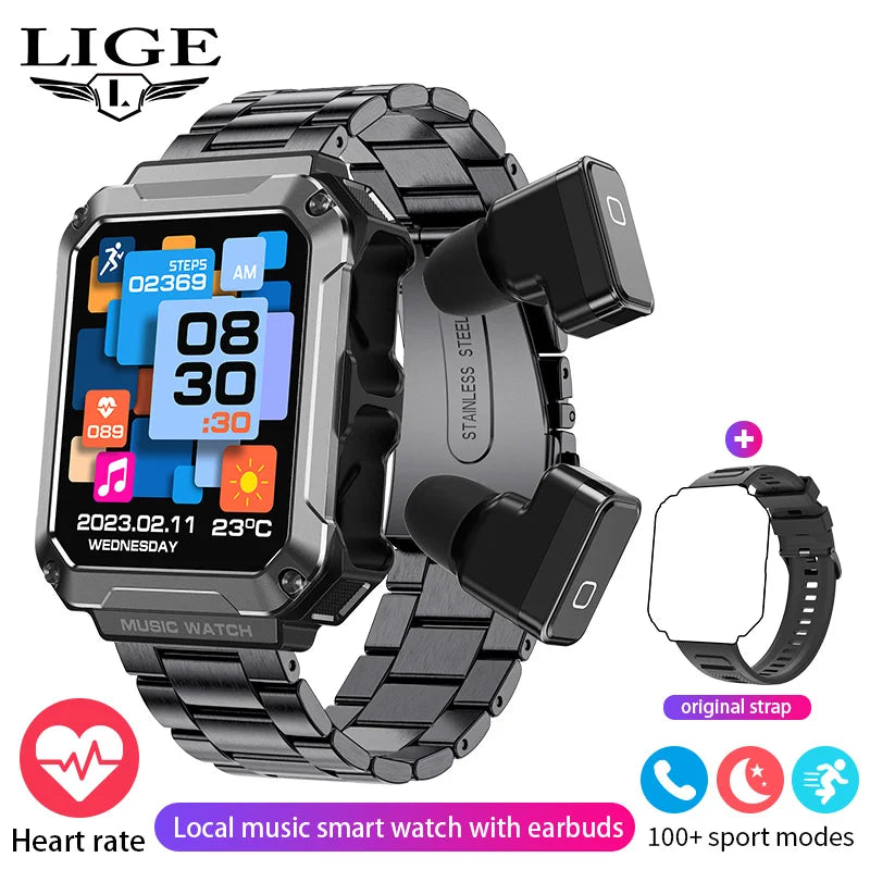 LIGE 2024 Smart Watch With Earbuds TWS 4G RAM Bluetooth Call Local Music Control Blood Pressure Smartwatch For Men Android iOS