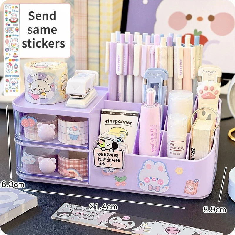 Ins Kawaii Desk Organizer Storage Box Cute Bear Handle Drawer Stationery Pen Holder Sticky Note Tape Storage Box Organizer Rack