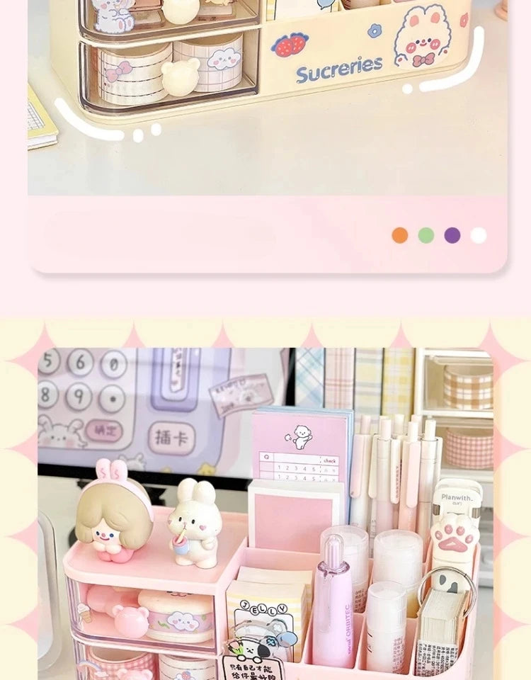 Ins Kawaii Desk Organizer Storage Box Cute Bear Handle Drawer Stationery Pen Holder Sticky Note Tape Storage Box Organizer Rack