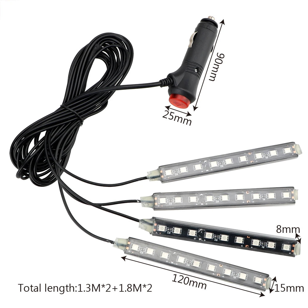 Dash Floor Foot Strip Lights Cigarette Lighter Adapter 9 LED 4 In 1 Car Interior Atmosphere Lights Auto Decorative Lamp