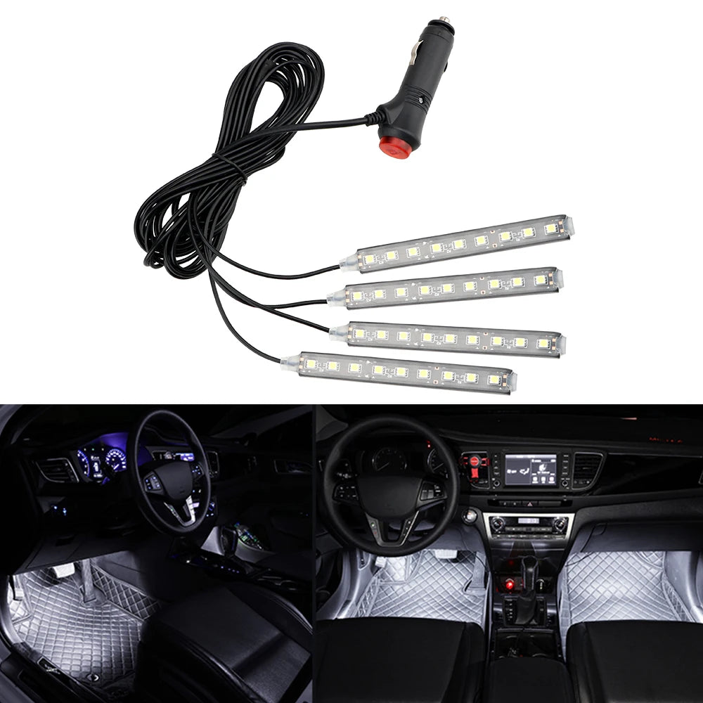 Dash Floor Foot Strip Lights Cigarette Lighter Adapter 9 LED 4 In 1 Car Interior Atmosphere Lights Auto Decorative Lamp