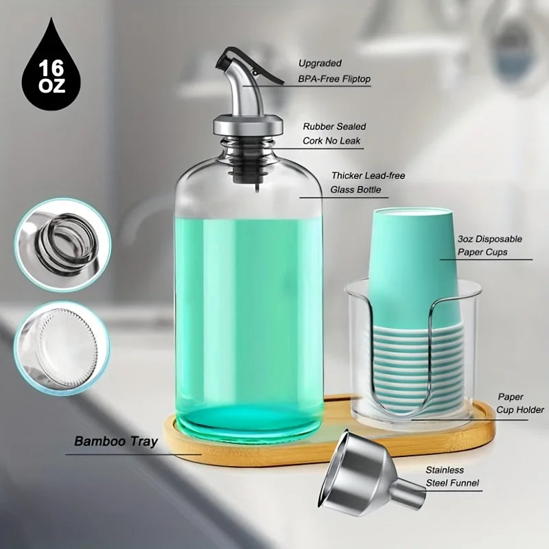 Mouthwash Dispenser with Cup Holder for Bathroom, Refillable Round Bottles Mouthwash Container with Upgraded Pour Spout, Storage