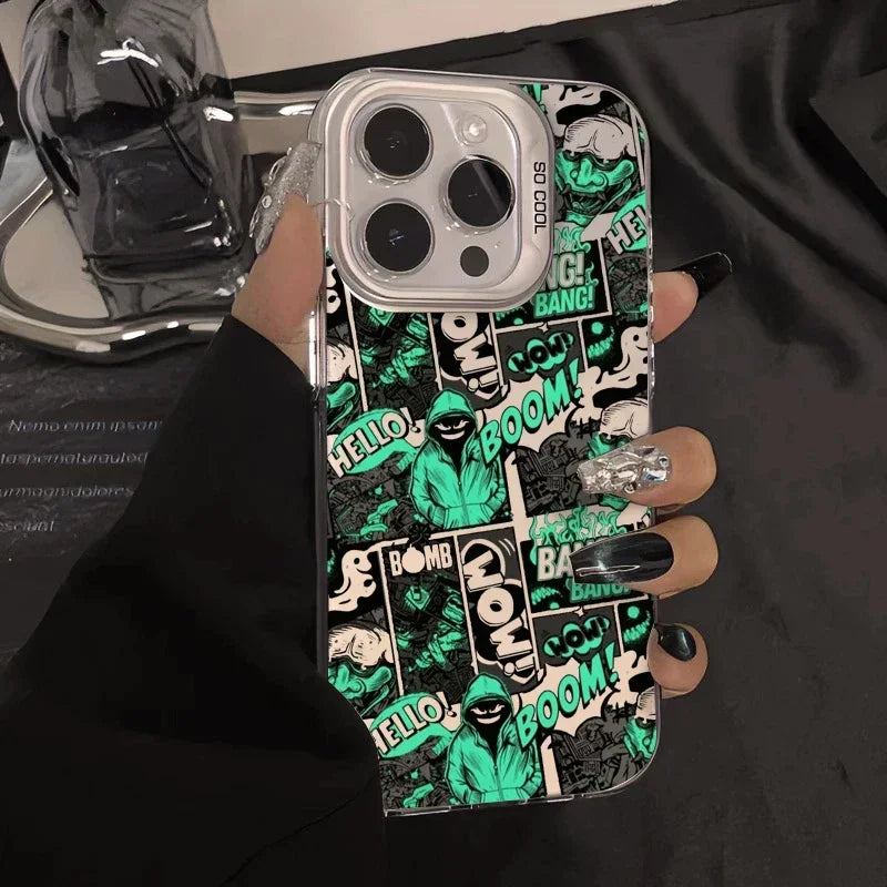 Graffiti Cartoon Acrylic Phone Case for iPhone 16 15 Pro Max 11 12 13 Mini 14 Pro XS MAX XR 7 8 Plus Lens Protection Shockproof