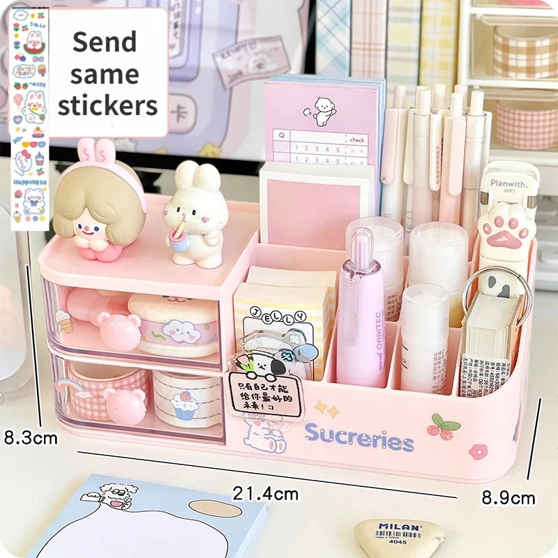 Ins Kawaii Desk Organizer Storage Box Cute Bear Handle Drawer Stationery Pen Holder Sticky Note Tape Storage Box Organizer Rack