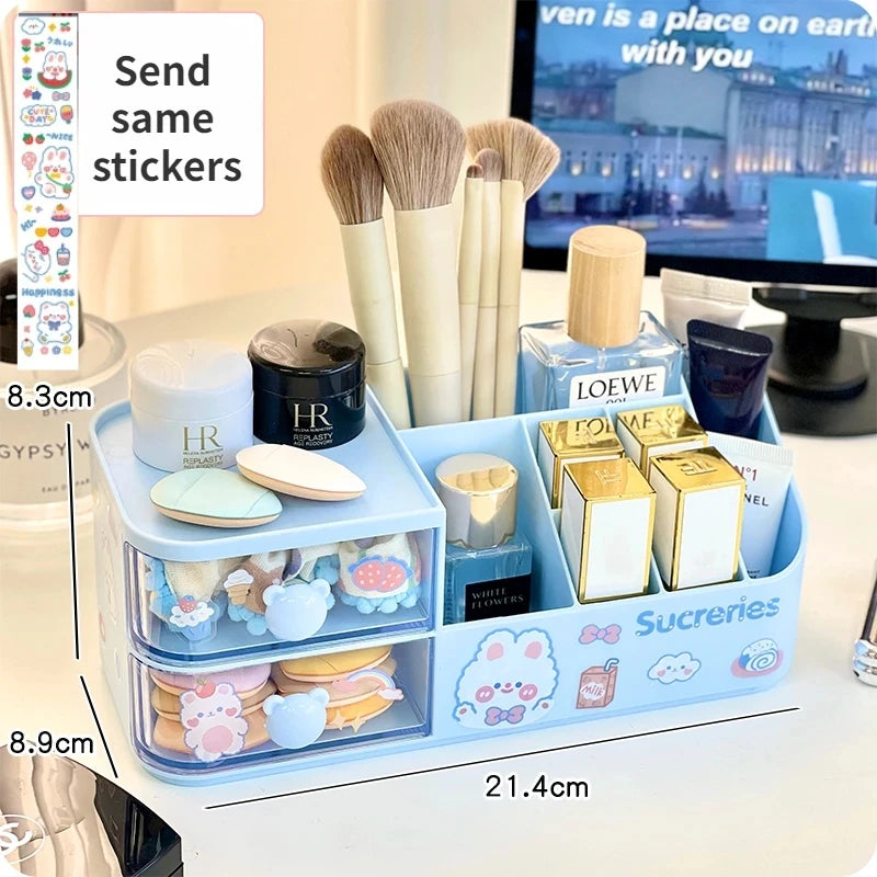 Ins Kawaii Desk Organizer Storage Box Cute Bear Handle Drawer Stationery Pen Holder Sticky Note Tape Storage Box Organizer Rack