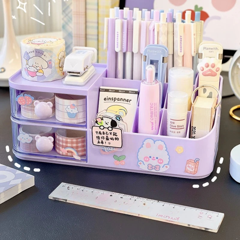 Ins Kawaii Desk Organizer Storage Box Cute Bear Handle Drawer Stationery Pen Holder Sticky Note Tape Storage Box Organizer Rack