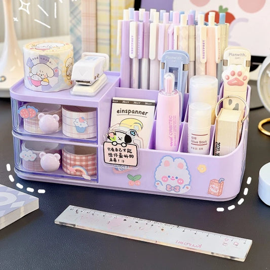 Ins Kawaii Desk Organizer Storage Box Cute Bear Handle Drawer Stationery Pen Holder Sticky Note Tape Storage Box Organizer Rack