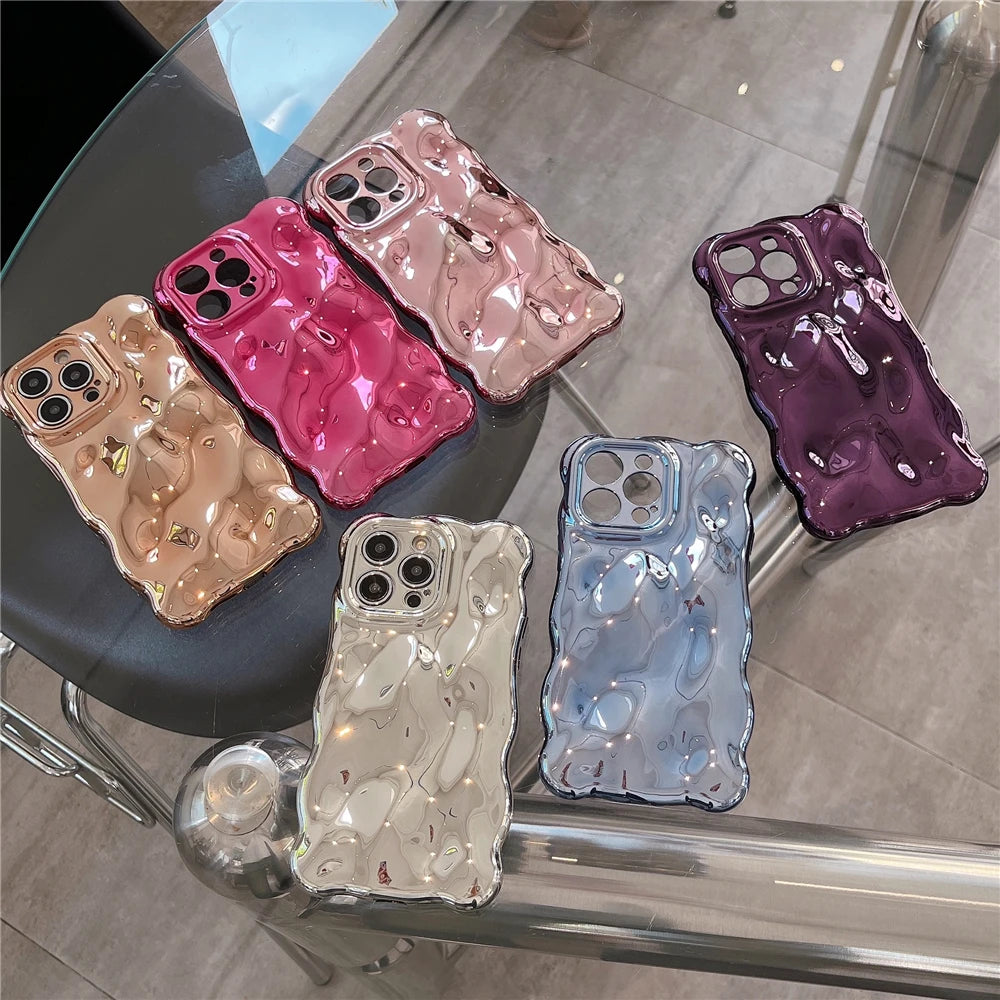 Luxury Plating Wrinkle Wavy Curly Edge Phone Case For iPhone 16 15 11 12 13 14 Pro Max 3D Unevenness Camera Protection Cover