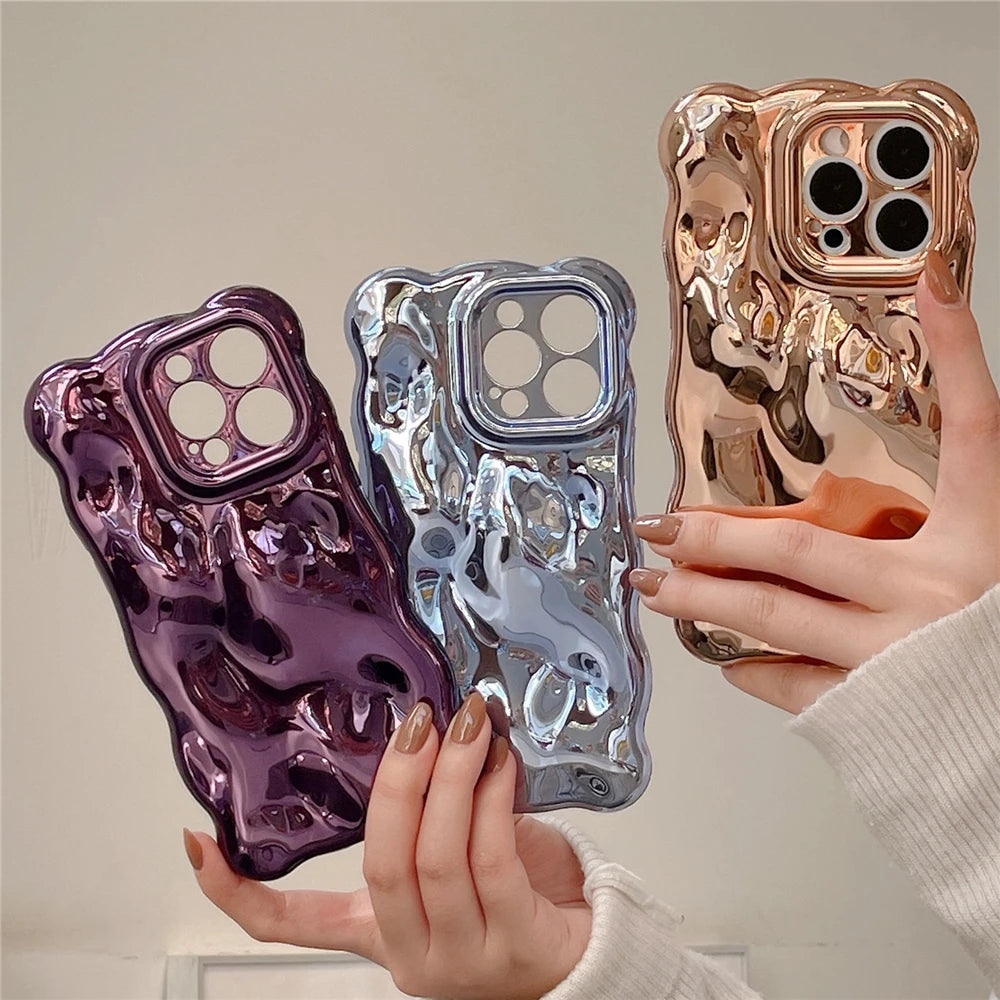 Luxury Plating Wrinkle Wavy Curly Edge Phone Case For iPhone 16 15 11 12 13 14 Pro Max 3D Unevenness Camera Protection Cover