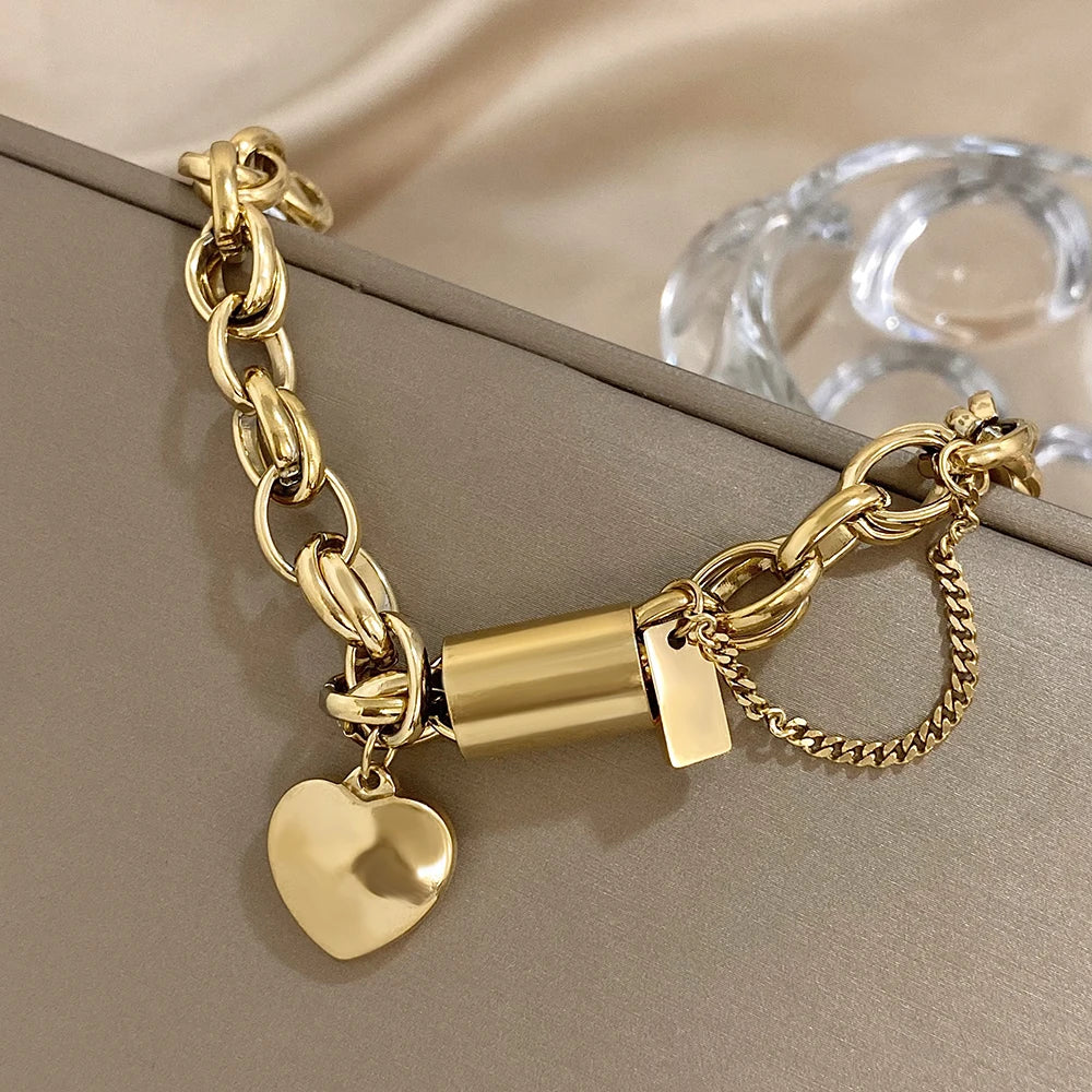 DZ Fashion Design Gold Color Thick Chain Stainless Steel Bracelets for Women Heart Love Pendant Wrist Jewelry