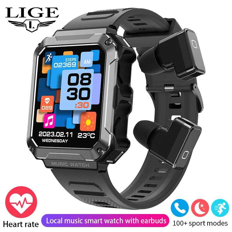 LIGE 2024 Smart Watch With Earbuds TWS 4G RAM Bluetooth Call Local Music Control Blood Pressure Smartwatch For Men Android iOS