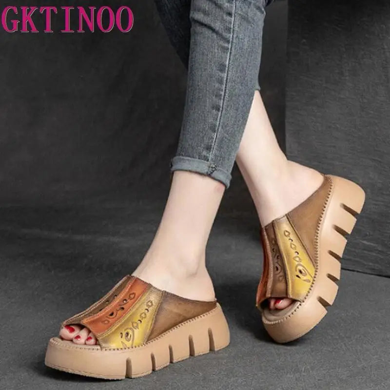 GKTINOO Genuine Leather Summer Shoes Women Slippers Wedges Outside Slides Leisure 2025 New Handmade Concise Ladies Slippers