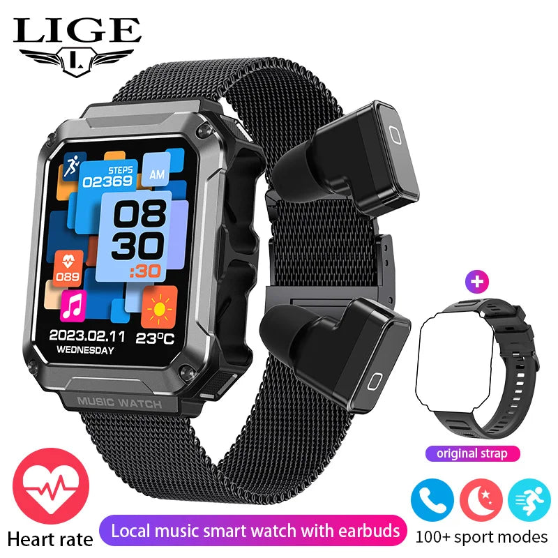 LIGE 2024 Smart Watch With Earbuds TWS 4G RAM Bluetooth Call Local Music Control Blood Pressure Smartwatch For Men Android iOS