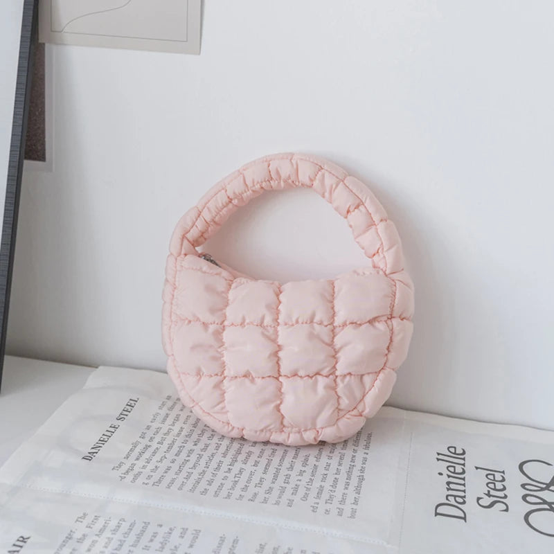 Fashion Mini Puffer Tote Bag Quilted Circle Phone Purse Elegant Purple Soft Nylon Padded Key Pouch Simple Trend Handbag