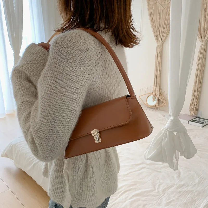 Fashion Retro Women's Shoulder Bag Simple Solid Colour Handbag Vintage Underarm Bag