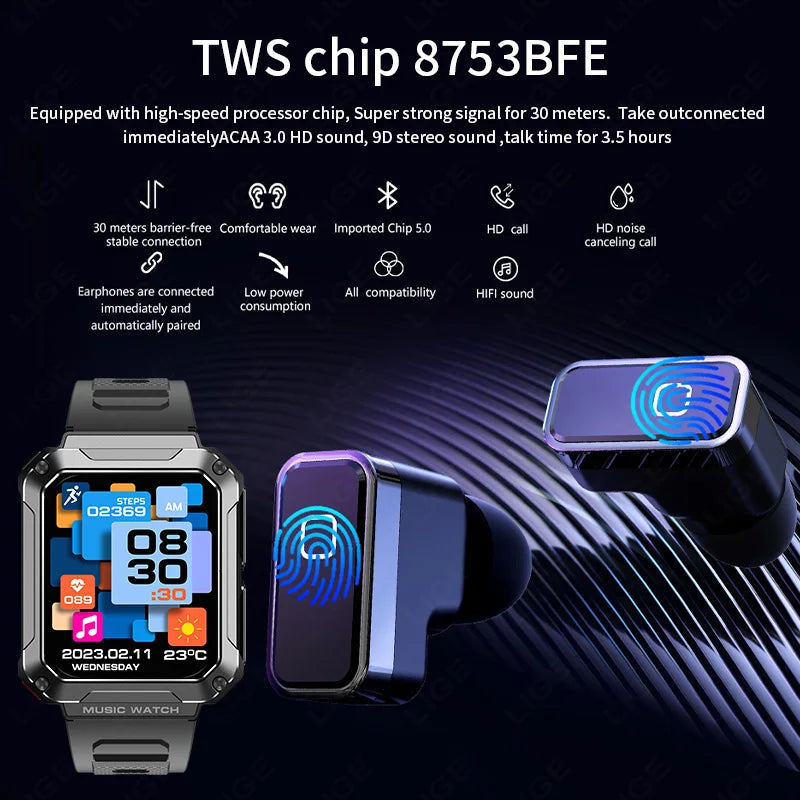 LIGE 2024 Smart Watch With Earbuds TWS 4G RAM Bluetooth Call Local Music Control Blood Pressure Smartwatch For Men Android iOS