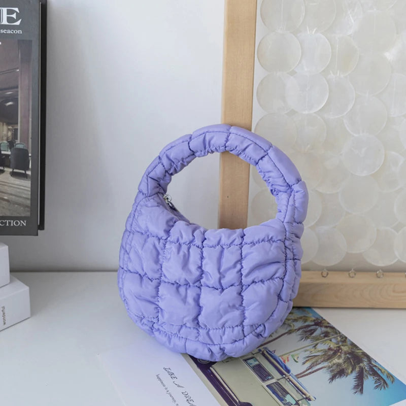 Fashion Mini Puffer Tote Bag Quilted Circle Phone Purse Elegant Purple Soft Nylon Padded Key Pouch Simple Trend Handbag