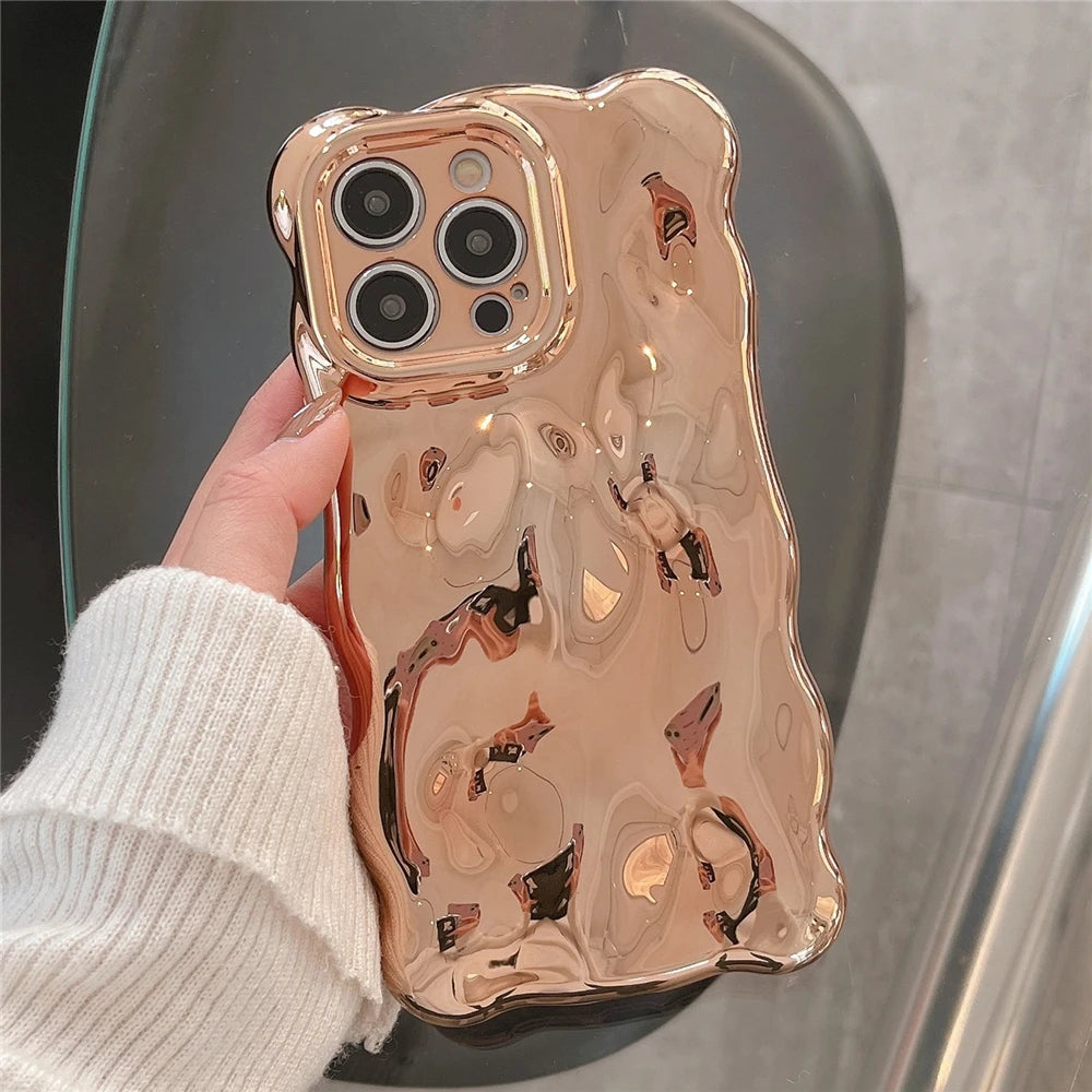 Luxury Plating Wrinkle Wavy Curly Edge Phone Case For iPhone 16 15 11 12 13 14 Pro Max 3D Unevenness Camera Protection Cover