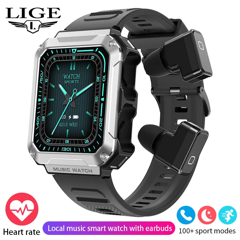 LIGE 2024 Smart Watch With Earbuds TWS 4G RAM Bluetooth Call Local Music Control Blood Pressure Smartwatch For Men Android iOS