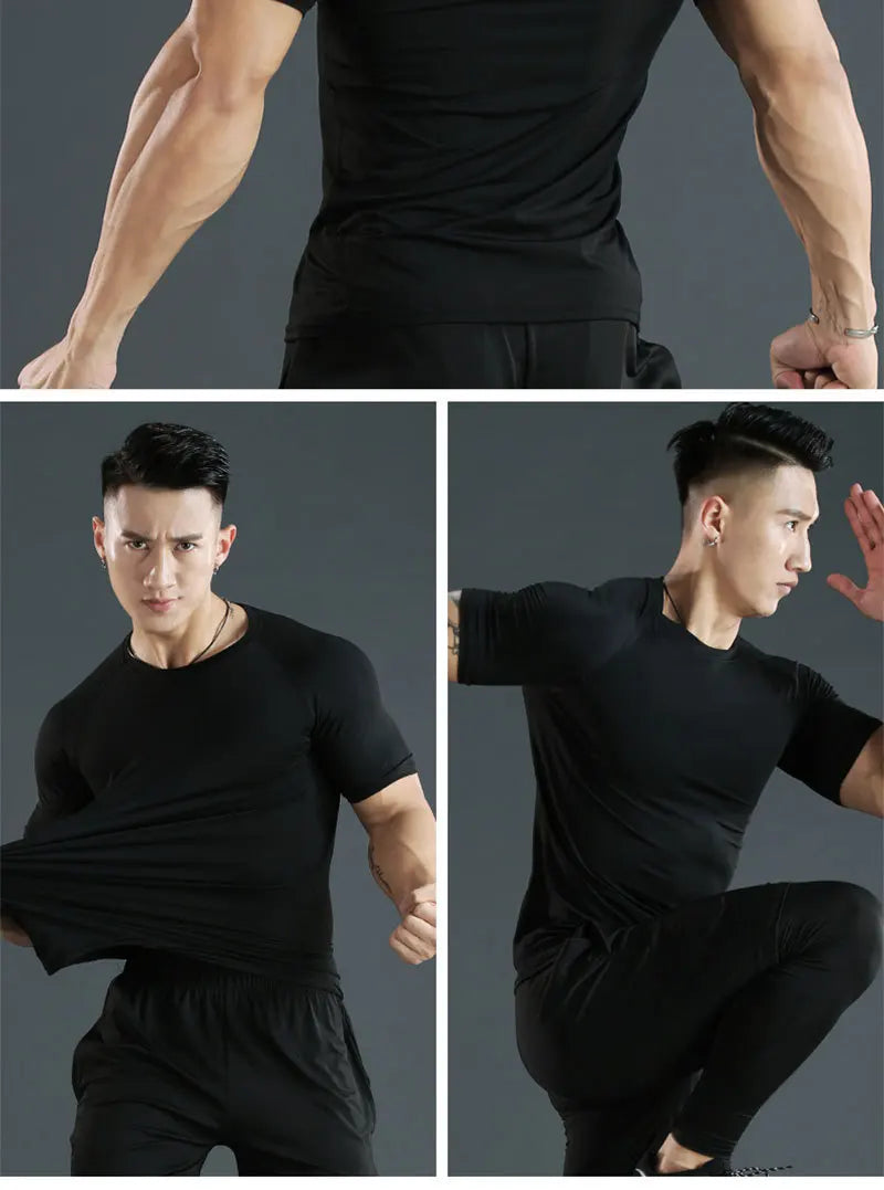 Men's compression running T-shirt fitness tight short sleeved T-shirt training jogging shirt gym sportswear quick drying