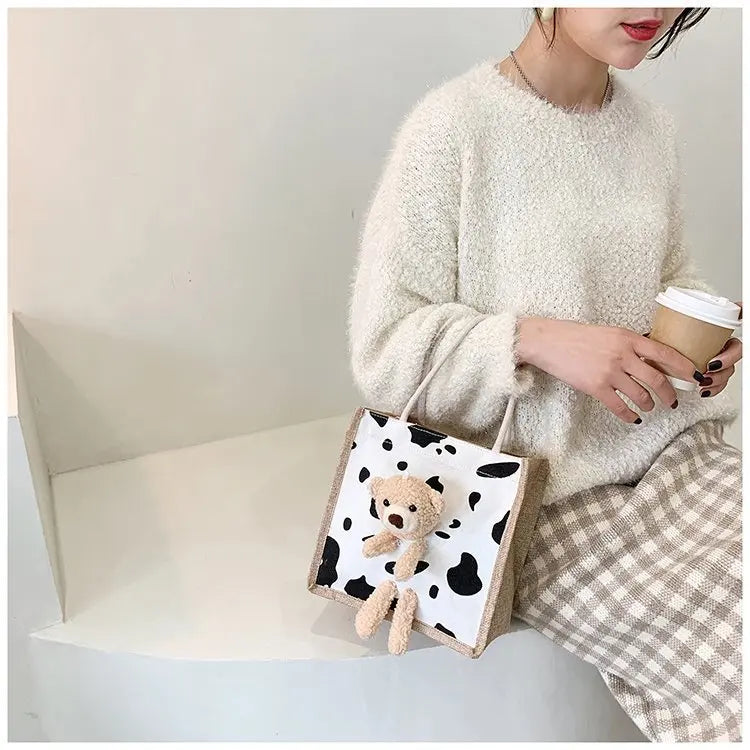 Girls Simple Cute Bear Handbag Ladies Fashion Commuter Canvas Bag Cubic Bear Decoration Canvas Material