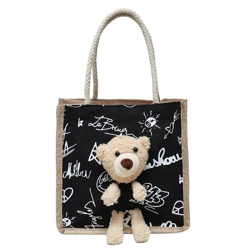 Girls Simple Cute Bear Handbag Ladies Fashion Commuter Canvas Bag Cubic Bear Decoration Canvas Material