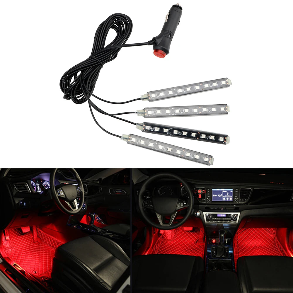 Dash Floor Foot Strip Lights Cigarette Lighter Adapter 9 LED 4 In 1 Car Interior Atmosphere Lights Auto Decorative Lamp