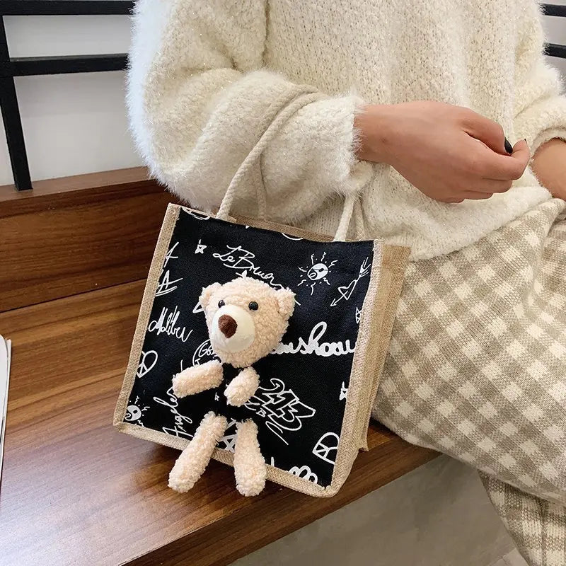 Girls Simple Cute Bear Handbag Ladies Fashion Commuter Canvas Bag Cubic Bear Decoration Canvas Material