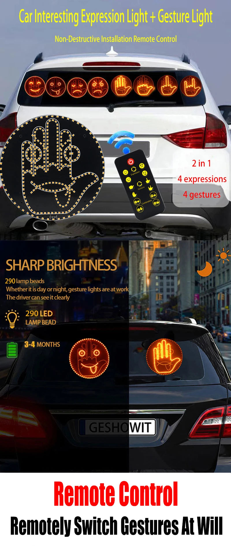 New Car Expression Finger Light with Remote Control Led Lighting Gesture Light Road Rage Middle Finger Gesture Palm Light