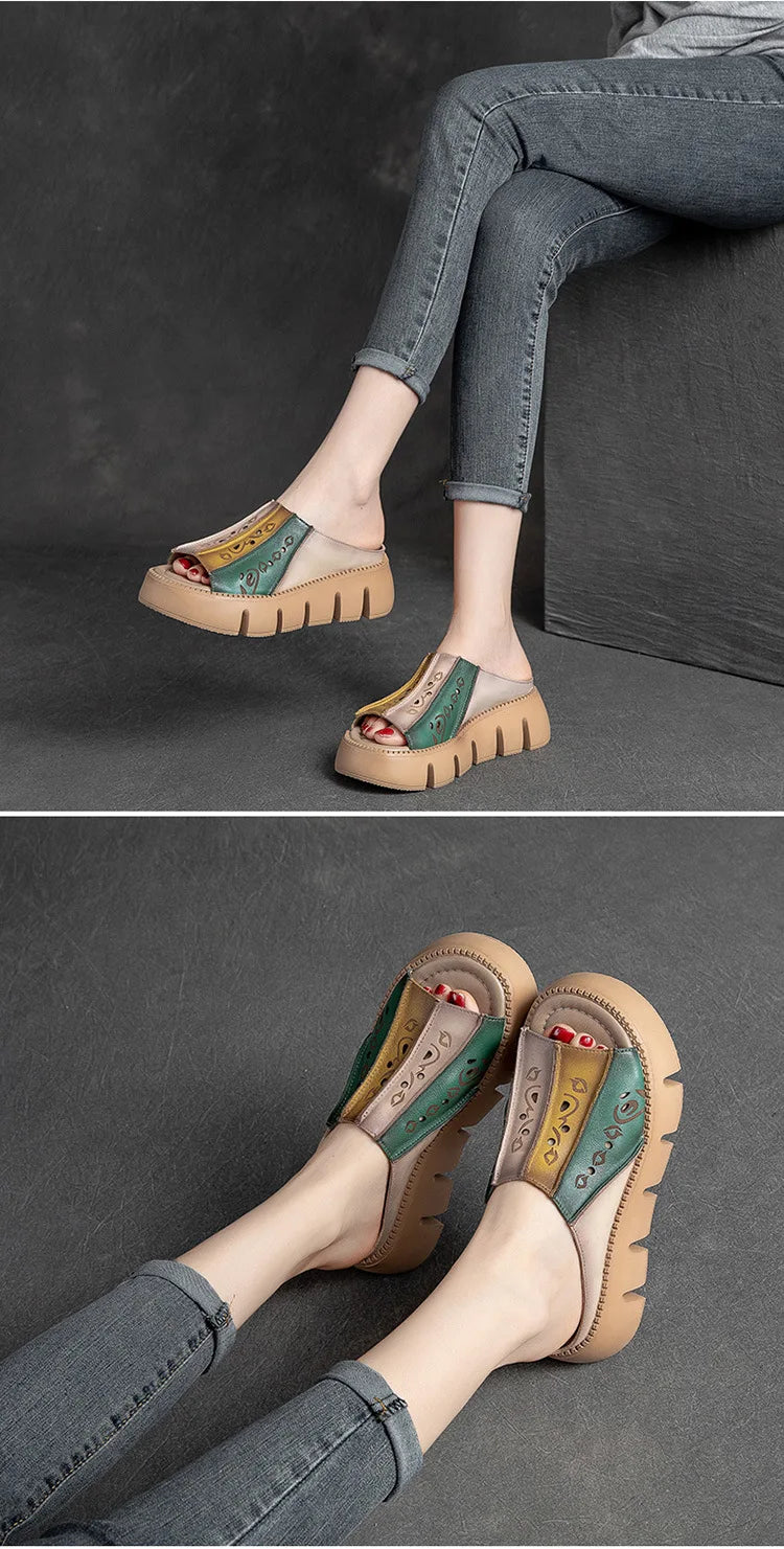 GKTINOO Genuine Leather Summer Shoes Women Slippers Wedges Outside Slides Leisure 2025 New Handmade Concise Ladies Slippers