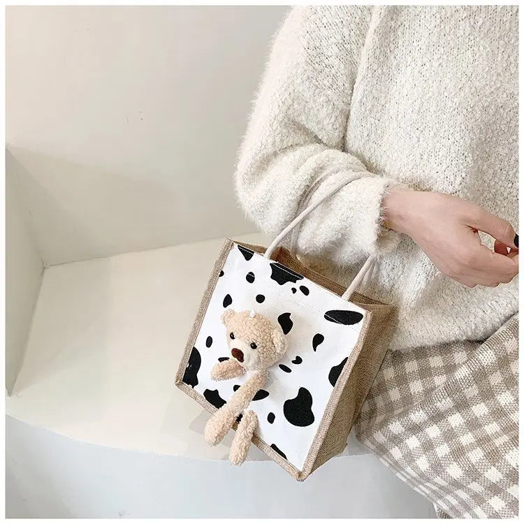 Girls Simple Cute Bear Handbag Ladies Fashion Commuter Canvas Bag Cubic Bear Decoration Canvas Material