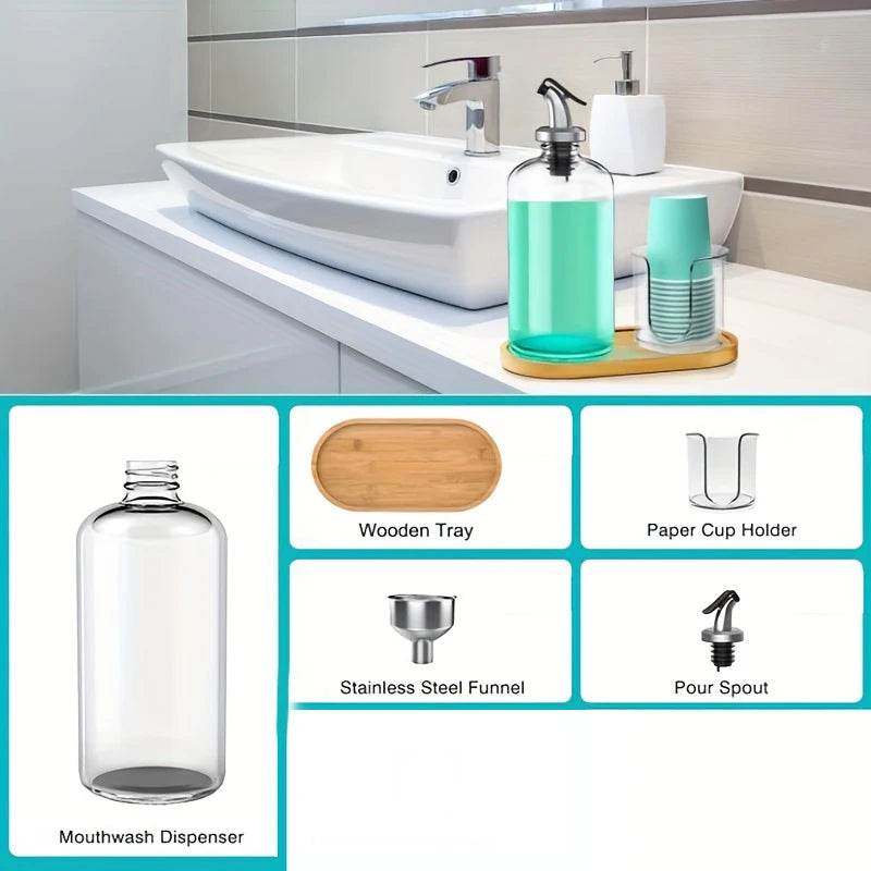 Mouthwash Dispenser with Cup Holder for Bathroom, Refillable Round Bottles Mouthwash Container with Upgraded Pour Spout, Storage