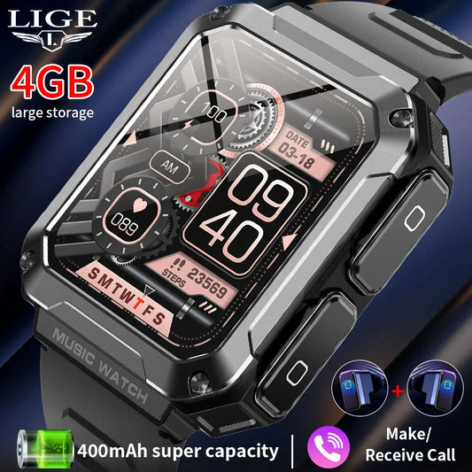 LIGE 2024 Smart Watch With Earbuds TWS 4G RAM Bluetooth Call Local Music Control Blood Pressure Smartwatch For Men Android iOS