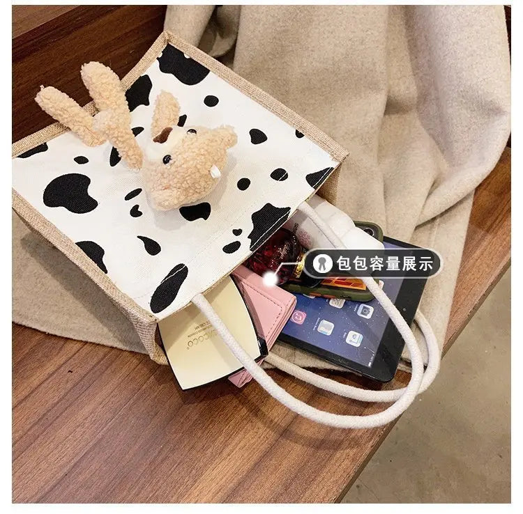 Girls Simple Cute Bear Handbag Ladies Fashion Commuter Canvas Bag Cubic Bear Decoration Canvas Material