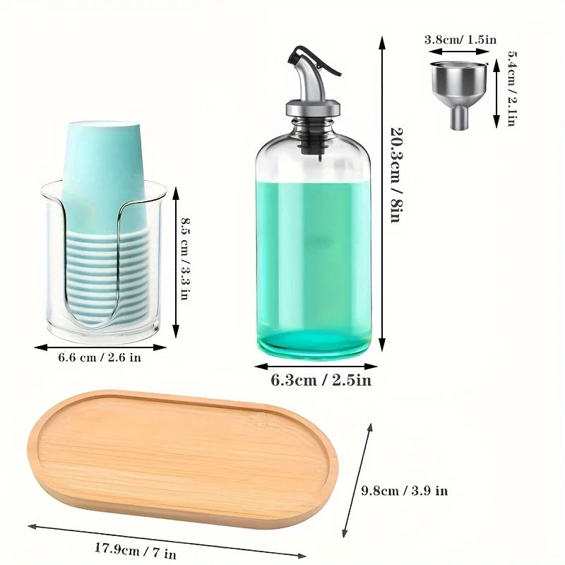 Mouthwash Dispenser with Cup Holder for Bathroom, Refillable Round Bottles Mouthwash Container with Upgraded Pour Spout, Storage