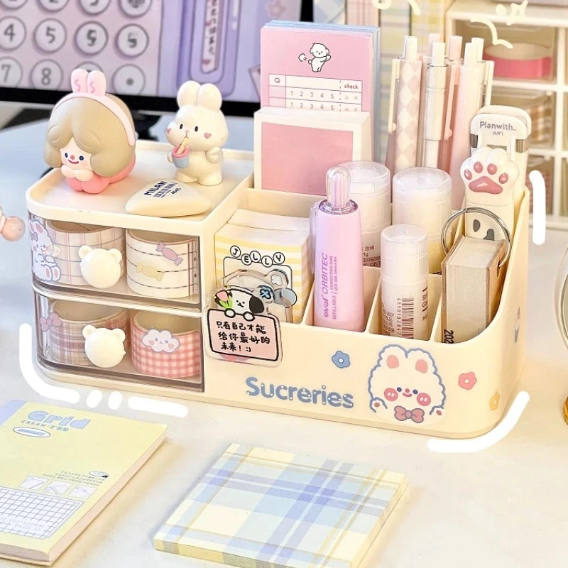 Ins Kawaii Desk Organizer Storage Box Cute Bear Handle Drawer Stationery Pen Holder Sticky Note Tape Storage Box Organizer Rack