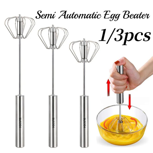 1/3Pcs Semi Automatic Egg Beater Stainless Steel Manual Hand Whisk Mixer Self-Turning Cream Utensils Kitchen Gadgets Egg Tools