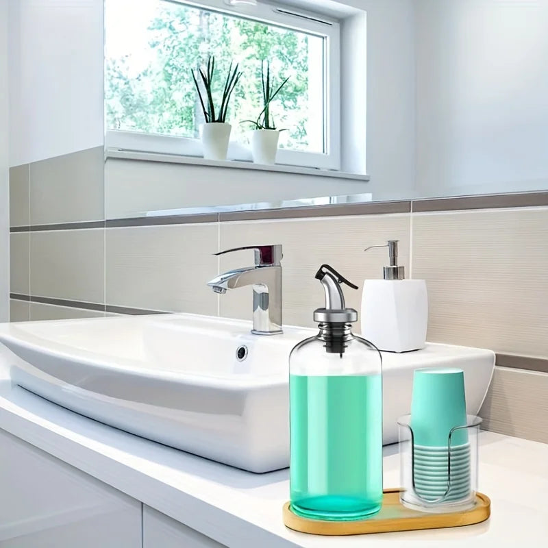 Mouthwash Dispenser with Cup Holder for Bathroom, Refillable Round Bottles Mouthwash Container with Upgraded Pour Spout, Storage