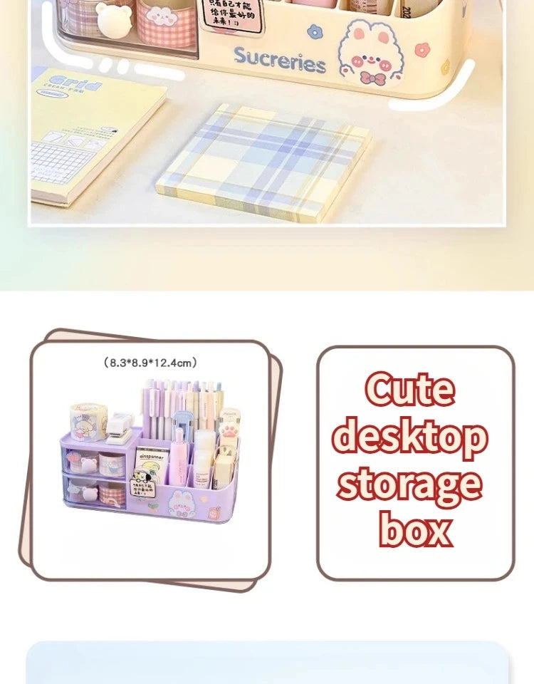 Ins Kawaii Desk Organizer Storage Box Cute Bear Handle Drawer Stationery Pen Holder Sticky Note Tape Storage Box Organizer Rack