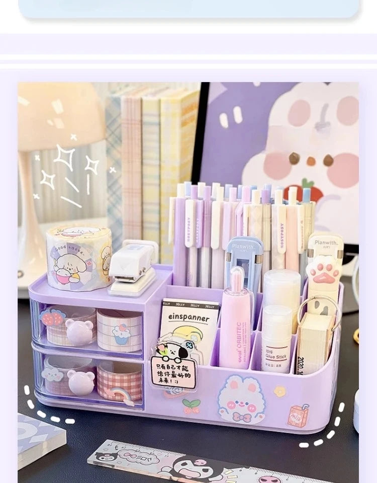 Ins Kawaii Desk Organizer Storage Box Cute Bear Handle Drawer Stationery Pen Holder Sticky Note Tape Storage Box Organizer Rack