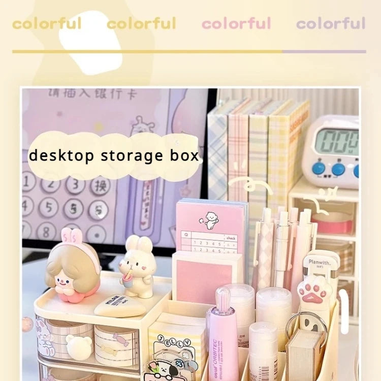 Ins Kawaii Desk Organizer Storage Box Cute Bear Handle Drawer Stationery Pen Holder Sticky Note Tape Storage Box Organizer Rack