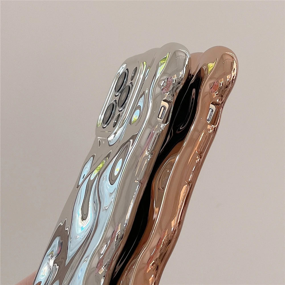 Luxury Plating Wrinkle Wavy Curly Edge Phone Case For iPhone 16 15 11 12 13 14 Pro Max 3D Unevenness Camera Protection Cover