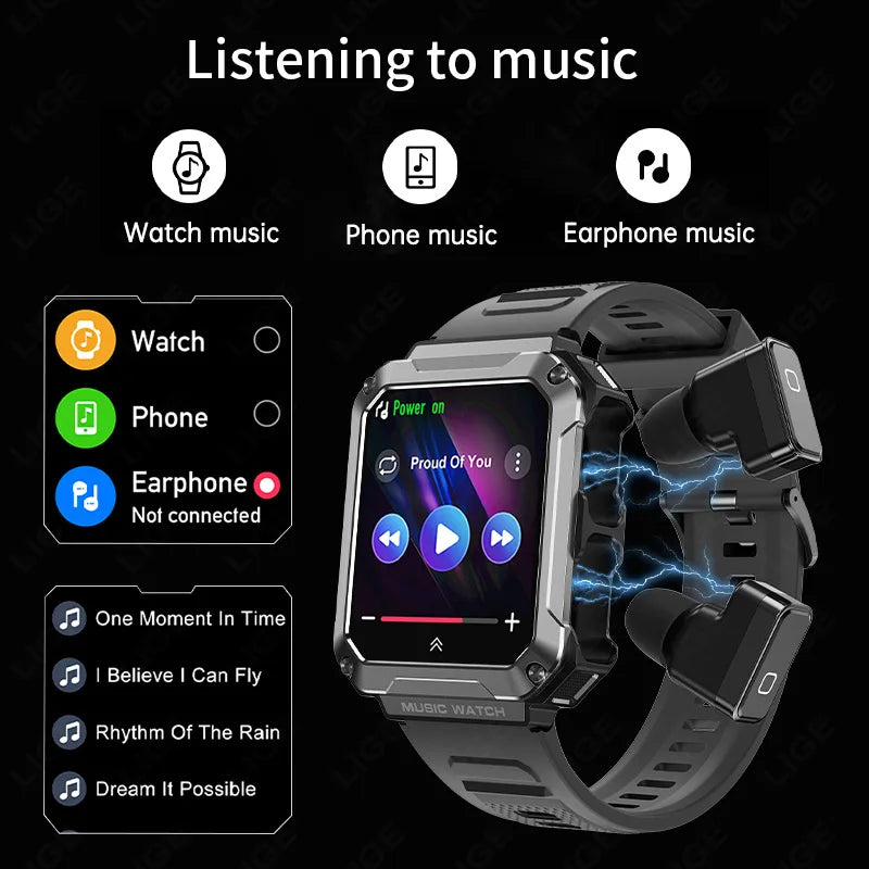 LIGE 2024 Smart Watch With Earbuds TWS 4G RAM Bluetooth Call Local Music Control Blood Pressure Smartwatch For Men Android iOS