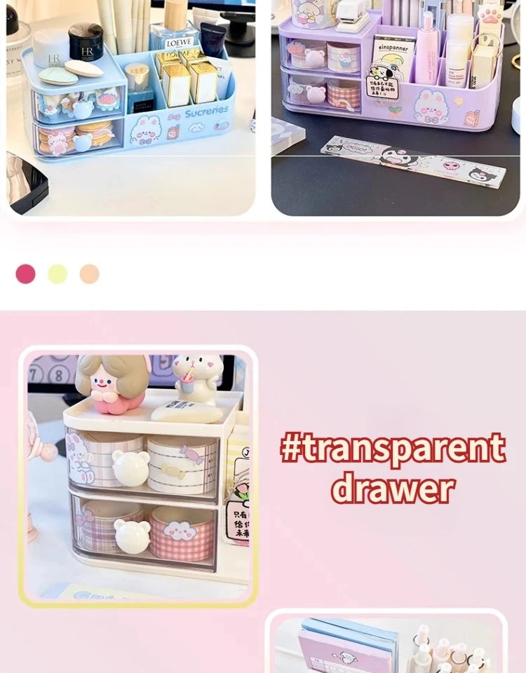 Ins Kawaii Desk Organizer Storage Box Cute Bear Handle Drawer Stationery Pen Holder Sticky Note Tape Storage Box Organizer Rack