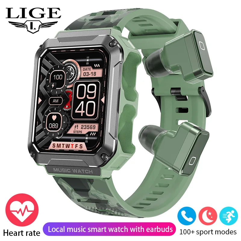 LIGE 2024 Smart Watch With Earbuds TWS 4G RAM Bluetooth Call Local Music Control Blood Pressure Smartwatch For Men Android iOS