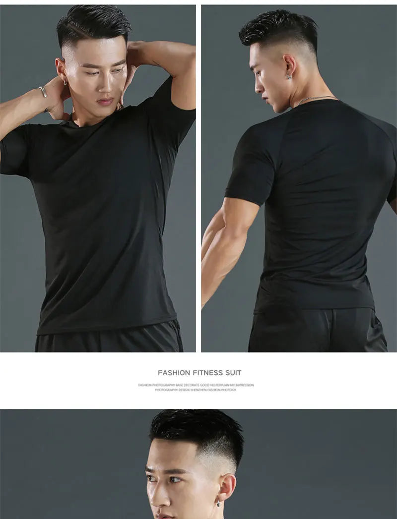 Men's compression running T-shirt fitness tight short sleeved T-shirt training jogging shirt gym sportswear quick drying