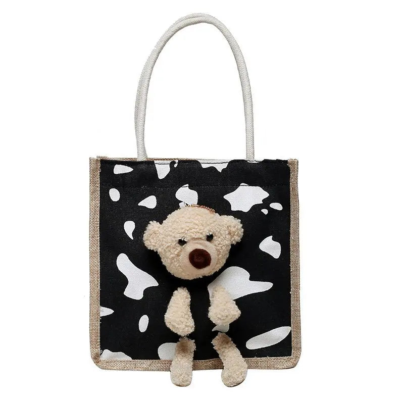 Girls Simple Cute Bear Handbag Ladies Fashion Commuter Canvas Bag Cubic Bear Decoration Canvas Material