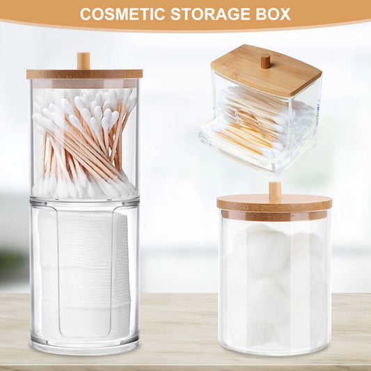 Acrylic Storage Box Cotton Round Pad Holder Bathroom Jar Makeup Organizer Qtip Holder Dispenser with Bamboo Lid Cotton Swab Box