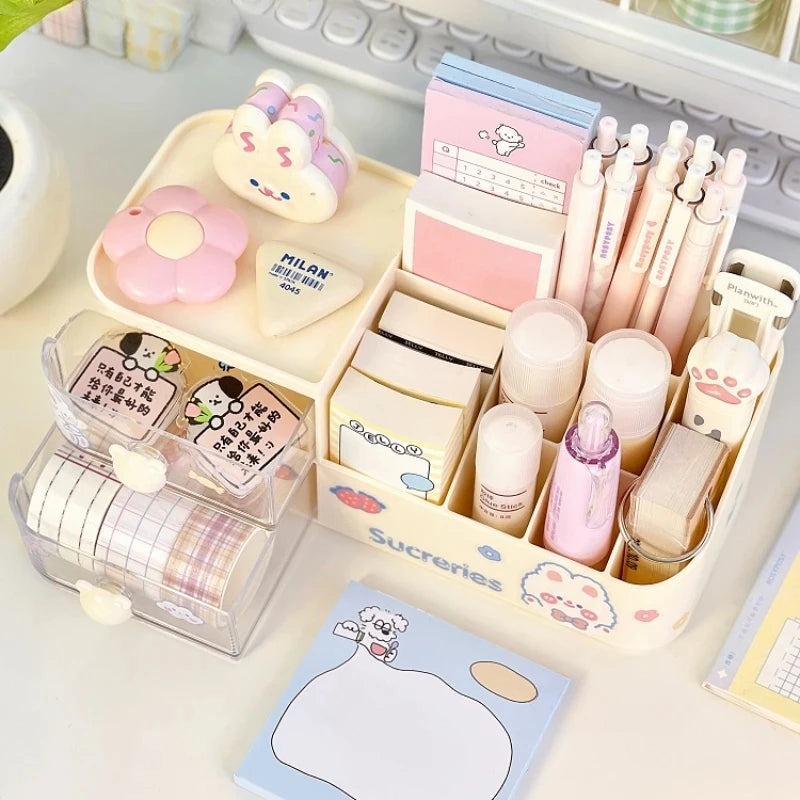 Ins Kawaii Desk Organizer Storage Box Cute Bear Handle Drawer Stationery Pen Holder Sticky Note Tape Storage Box Organizer Rack