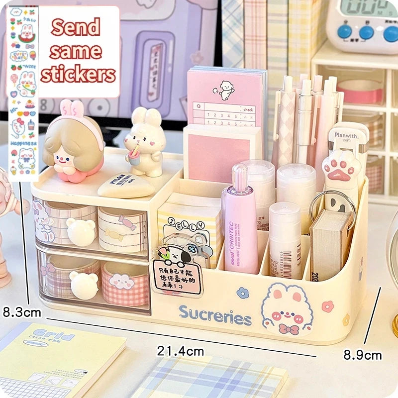 Ins Kawaii Desk Organizer Storage Box Cute Bear Handle Drawer Stationery Pen Holder Sticky Note Tape Storage Box Organizer Rack